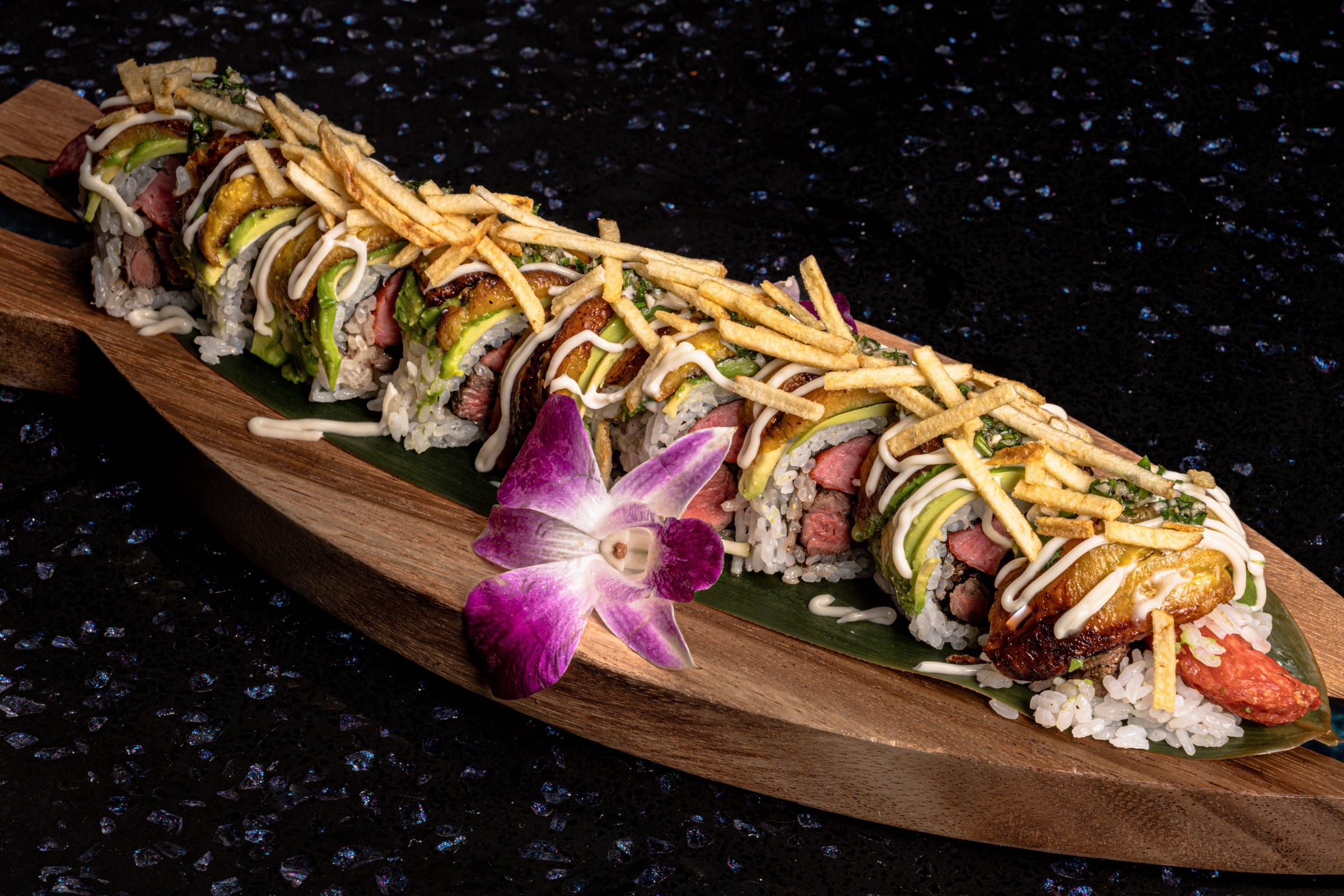 A lo pobre maki topped with beef and sweet plantains