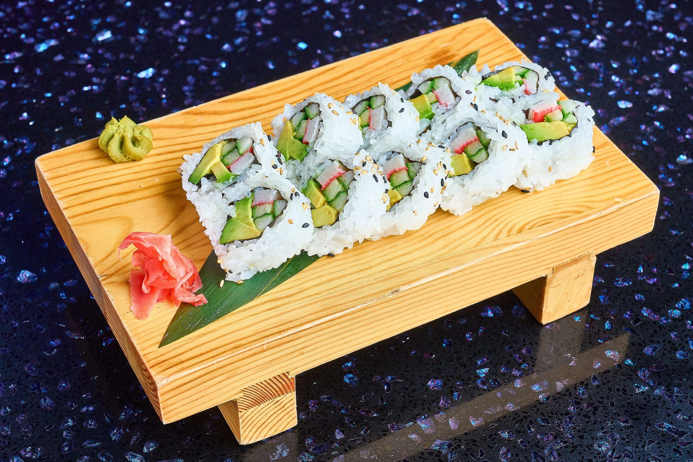 California roll on a wood board