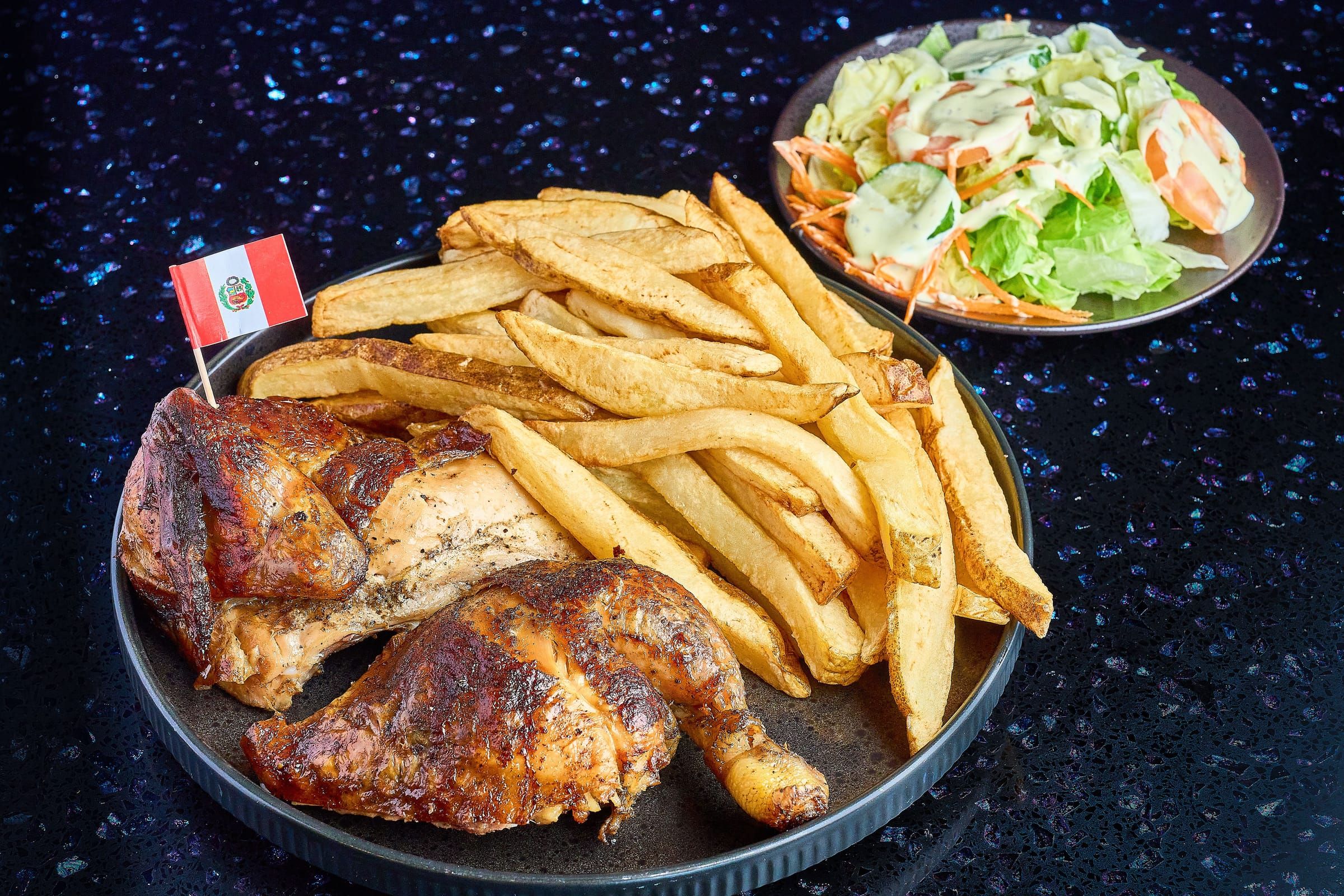 Half charcoal-roasted chicken with fries and salad