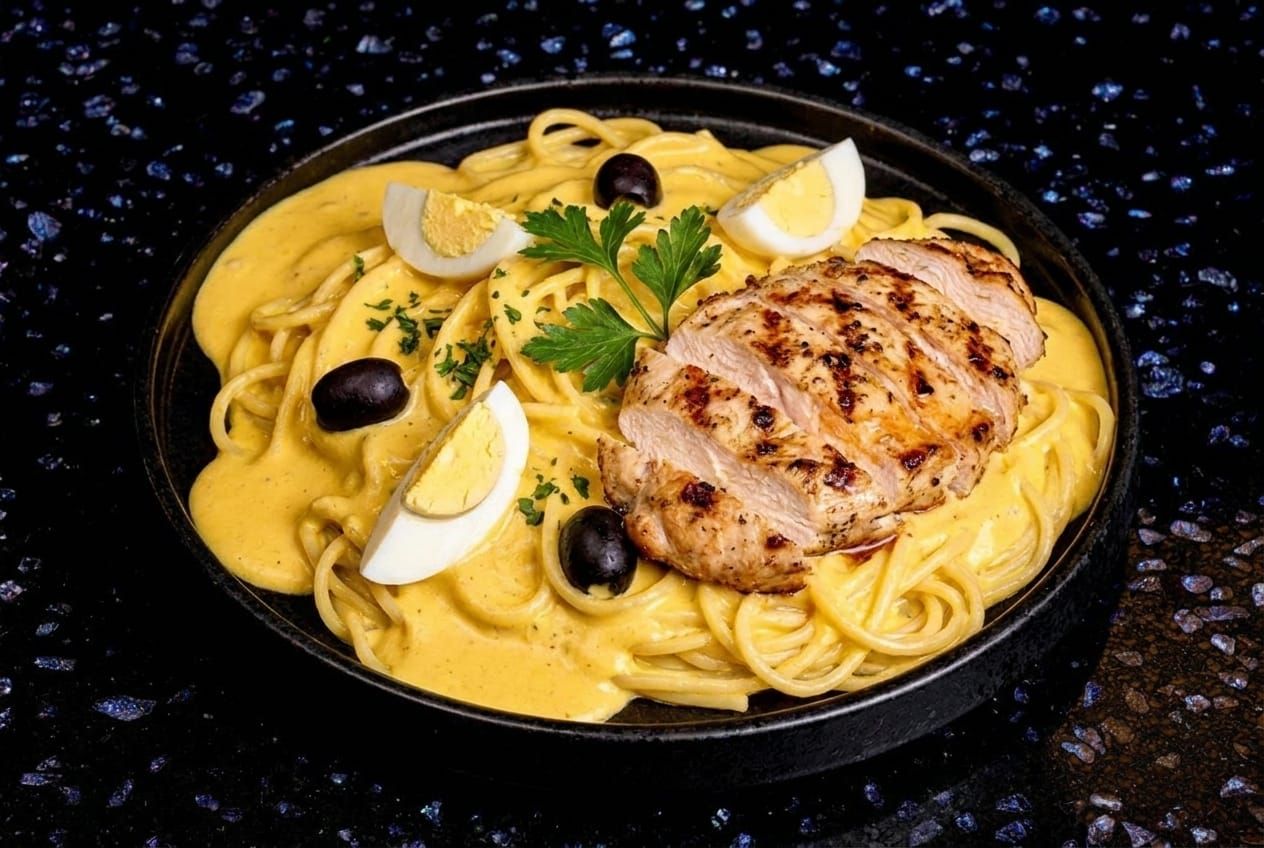 Huancaina Tallarin with Grilled Chicken Breast