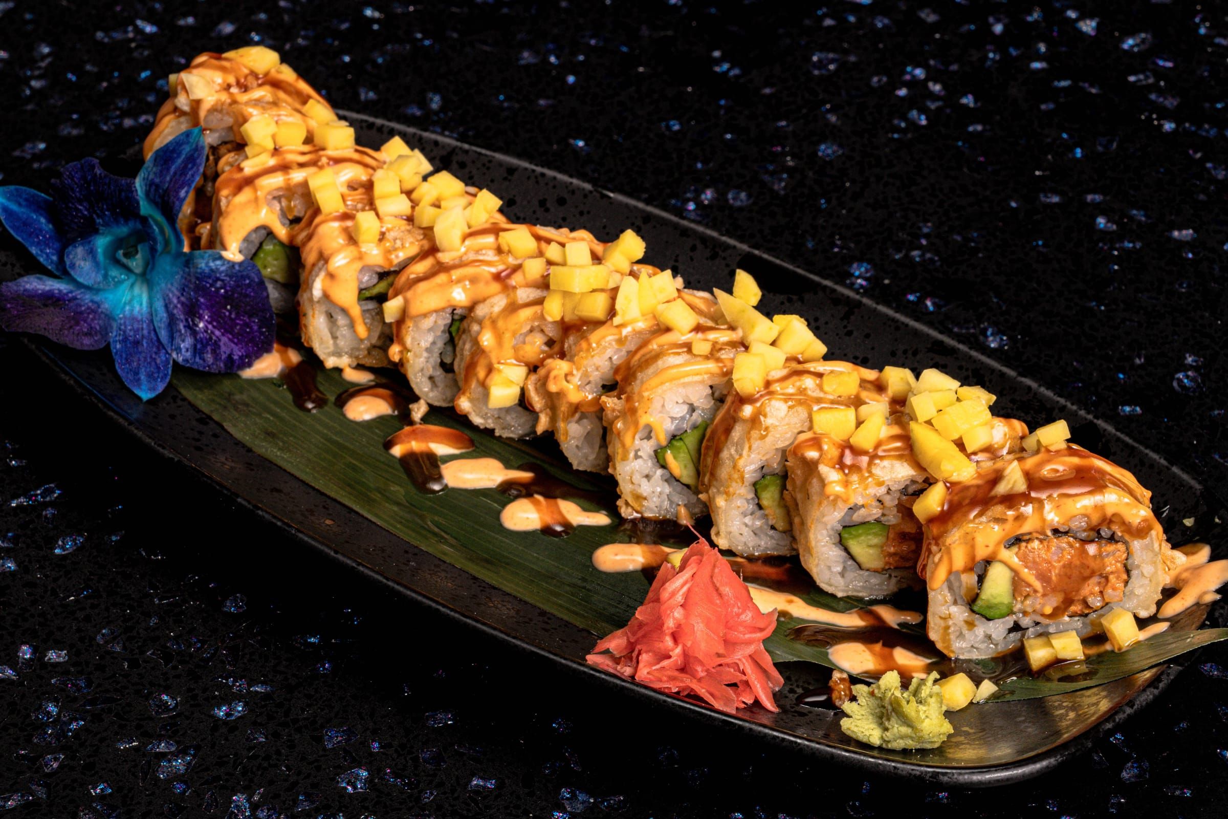 Mango roll topped with fresh mango