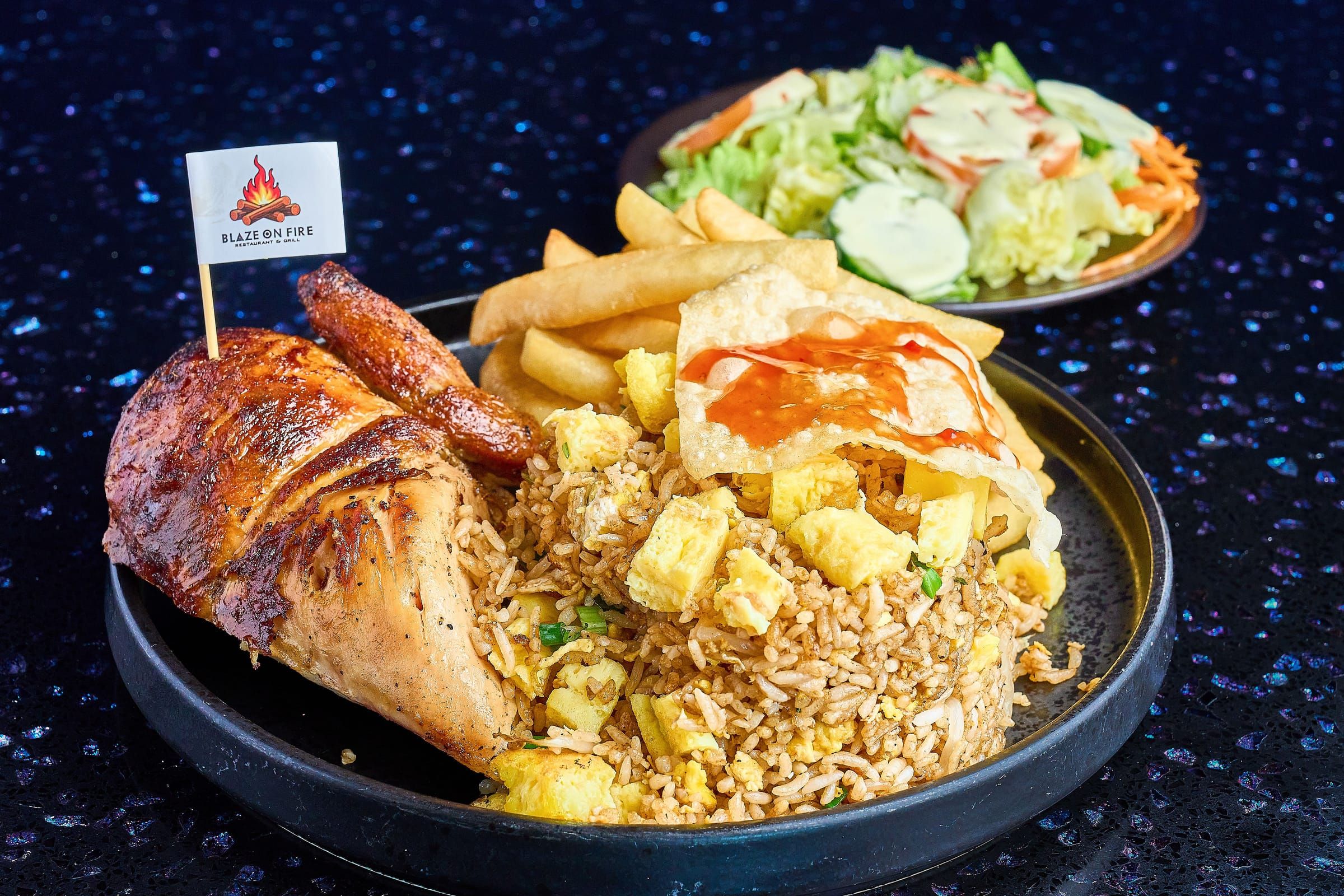 Quarter roasted chicken with chaufa and fries