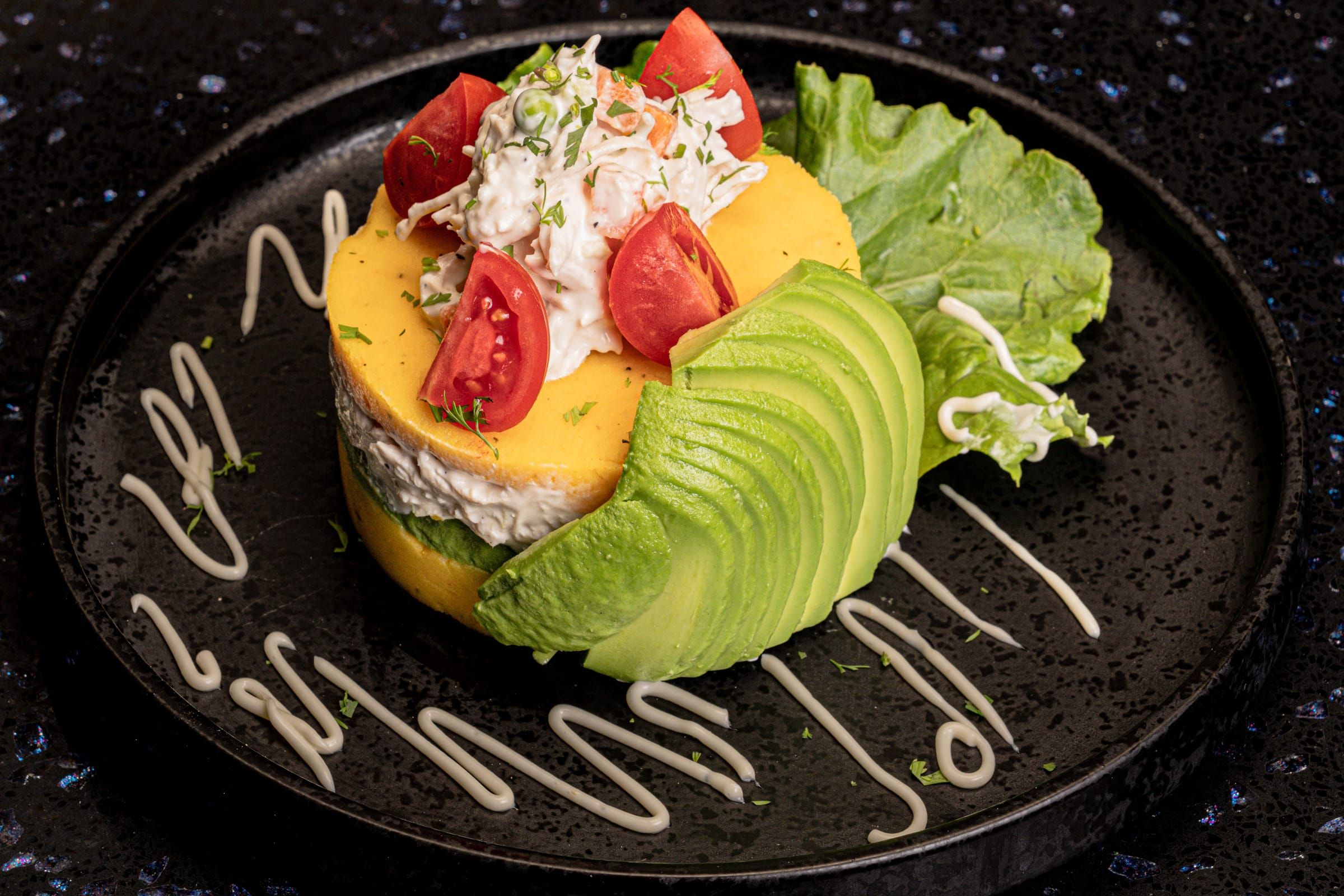Pollo causa with avocado