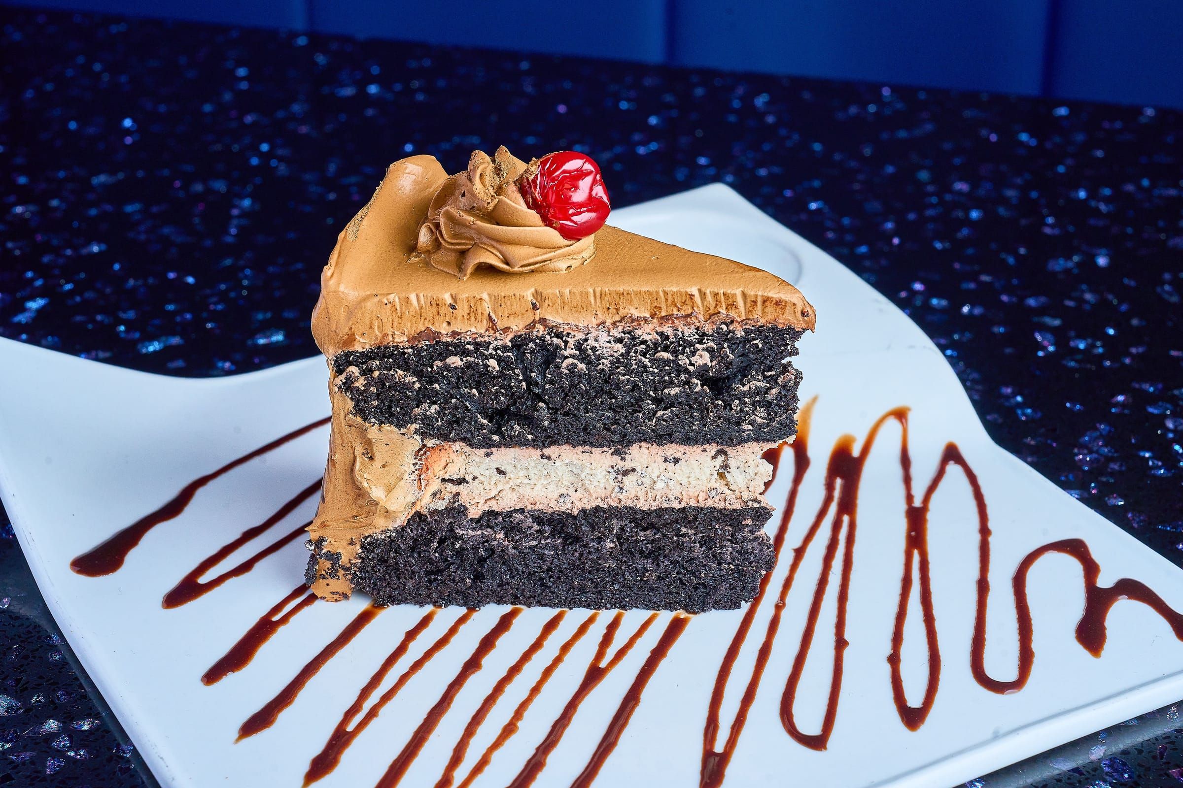 Slice of layered chocolate cake