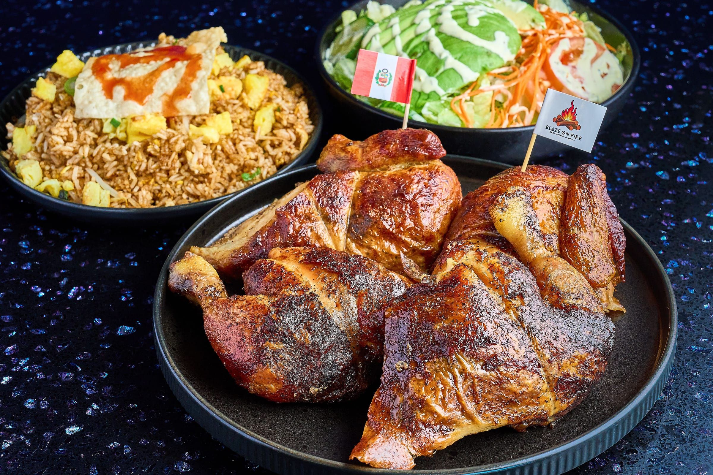 Whole roasted chicken with chaufa and salad